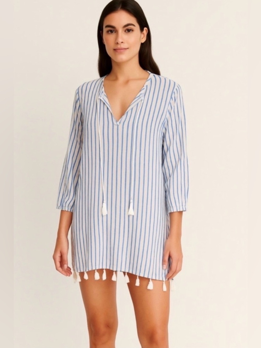 Rachel Zoe Blue White Stripe V-Neck Linen Blend Swim Cover-Up Size M